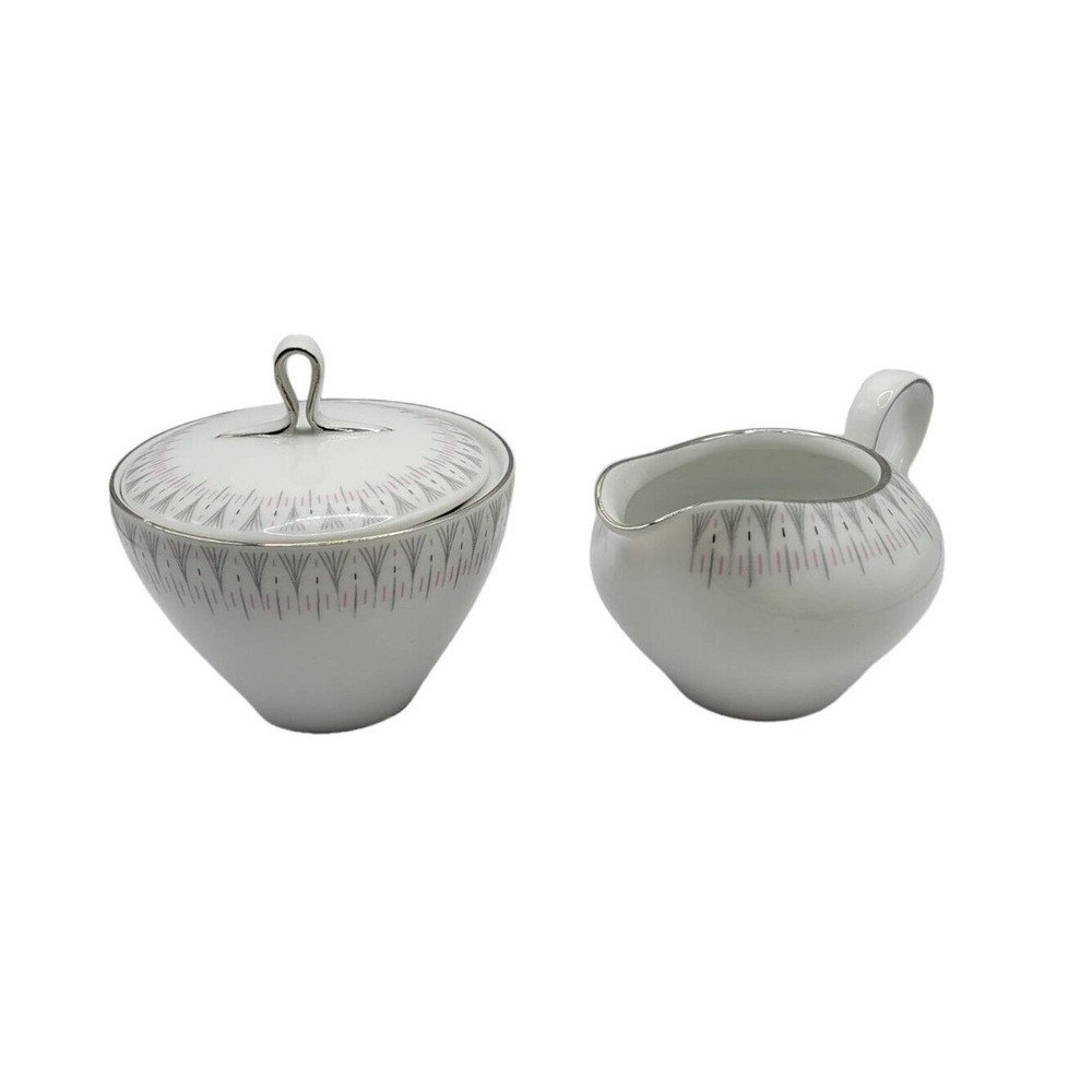 Vintage Bavarian Crest Porcelain Silver & Pink Pattern Creamer & Sugar Bowl Set